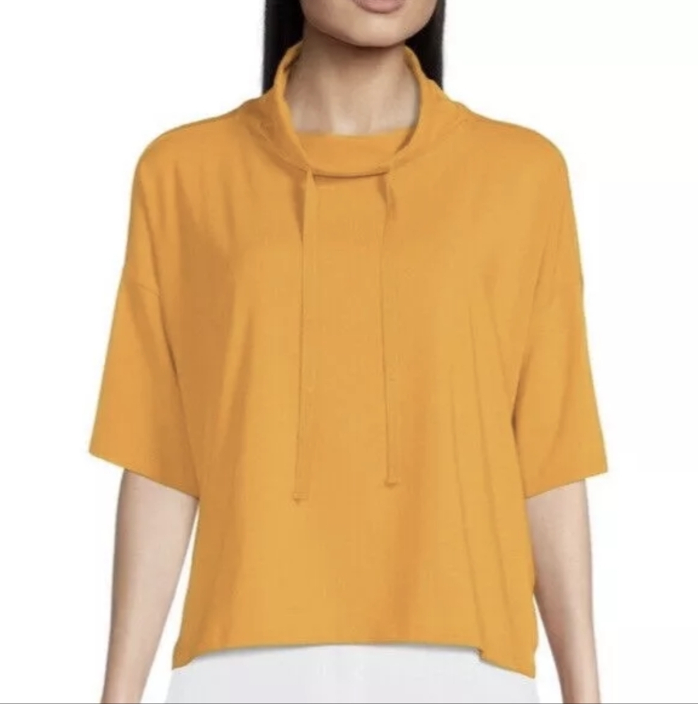 Eileen Fisher Drawstring Funnel Neck Boxy S/S Organic Cotton Top XS Mango EUC